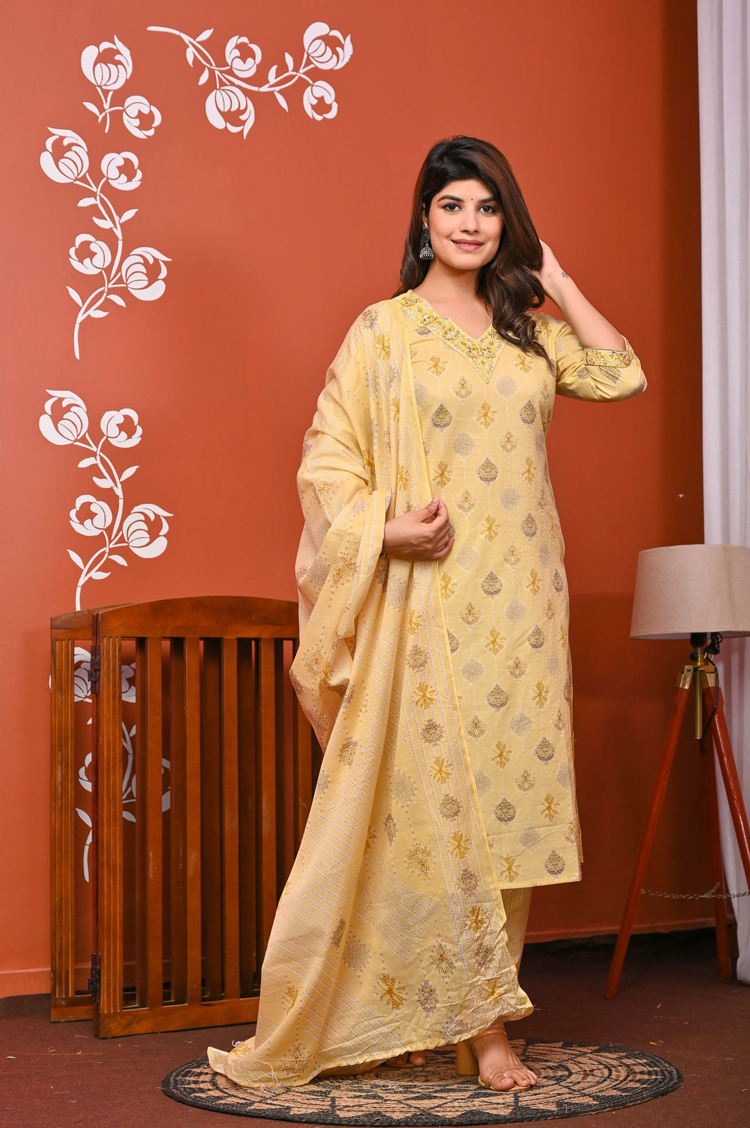 Elegant Peach & Yellow Cotton Kurta Set - Straight Fit with V-Neck and 3/4 Sleeves