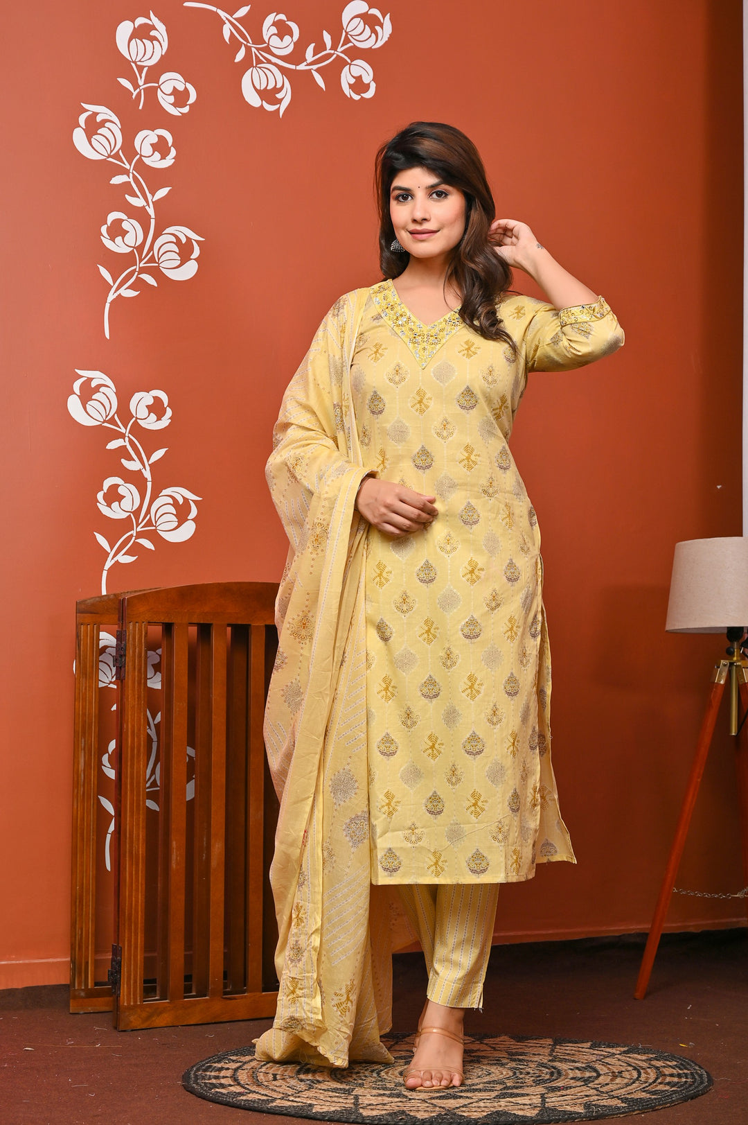 Elegant Peach & Yellow Cotton Kurta Set - Straight Fit with V-Neck and 3/4 Sleeves