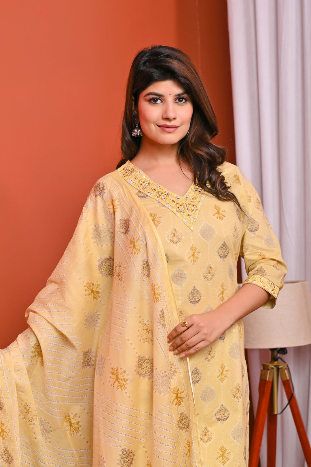 Elegant Peach & Yellow Cotton Kurta Set - Straight Fit with V-Neck and 3/4 Sleeves