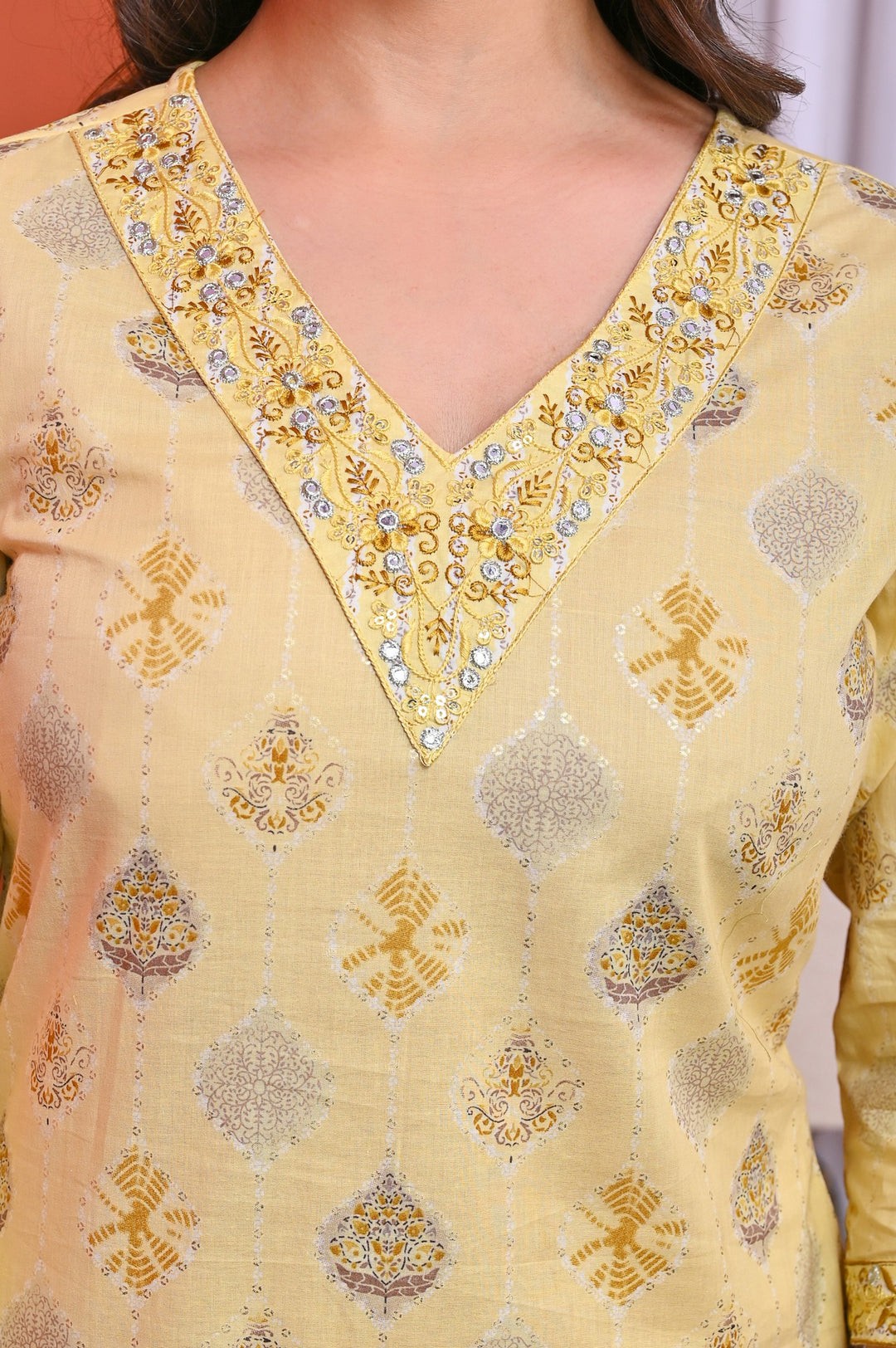 Elegant Peach & Yellow Cotton Kurta Set - Straight Fit with V-Neck and 3/4 Sleeves