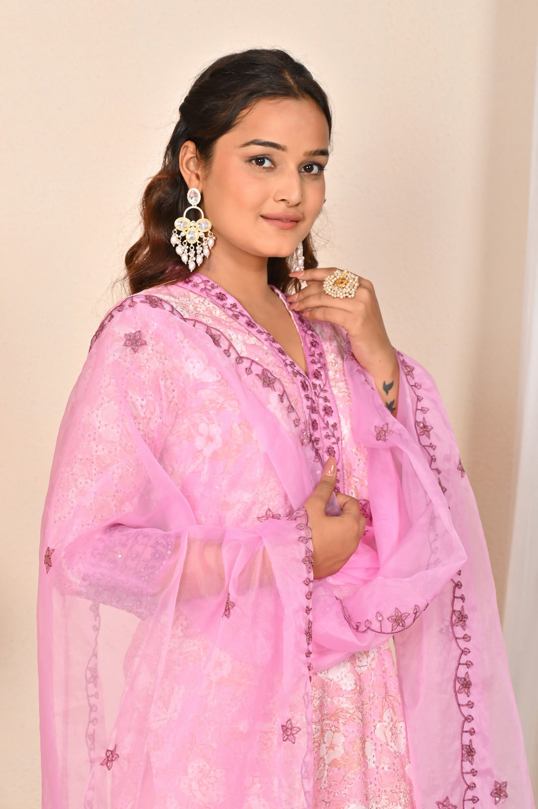 Soft Pink Cotton Sifli Kurta Set - V-Neck, Straight Fit with 3/4th Sleeves (M to XXL)