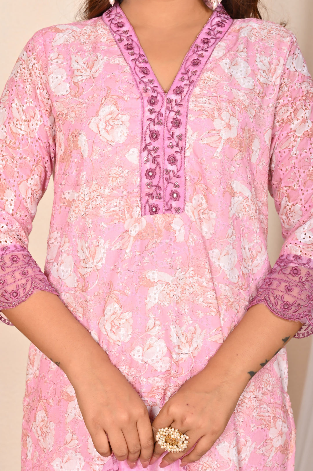 Soft Pink Cotton Sifli Kurta Set - V-Neck, Straight Fit with 3/4th Sleeves (M to XXL)
