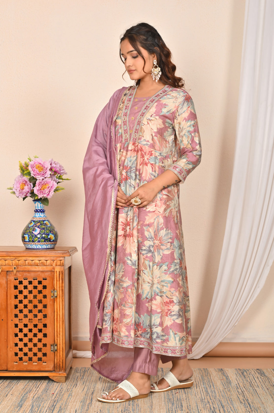 Lavender Muslin Anarkali Suit - V-Neck, 3/4th Sleeves (Sizes M to XXL)