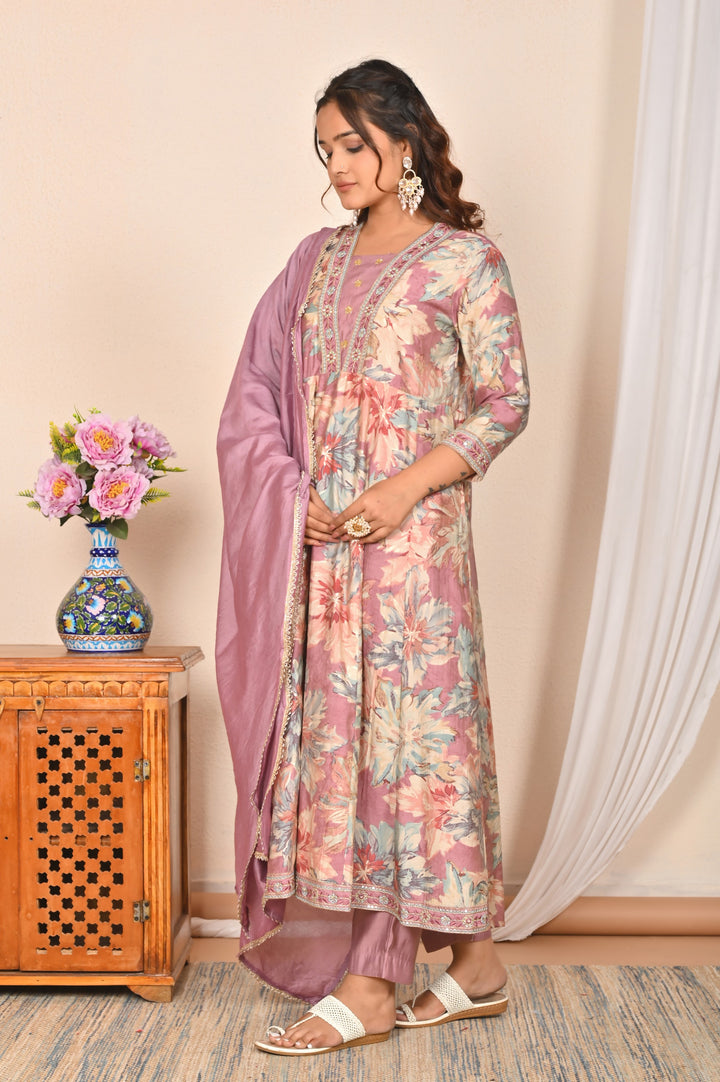 Lavender Muslin Anarkali Suit - V-Neck, 3/4th Sleeves (Sizes M to XXL)