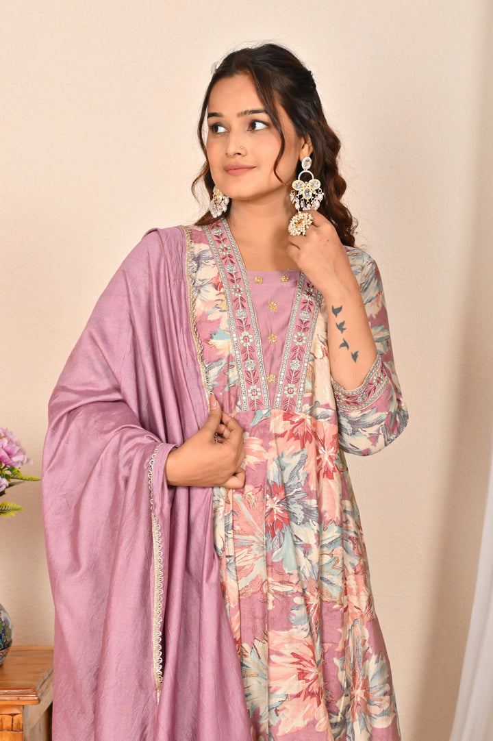 Lavender Muslin Anarkali Suit - V-Neck, 3/4th Sleeves (Sizes M to XXL)
