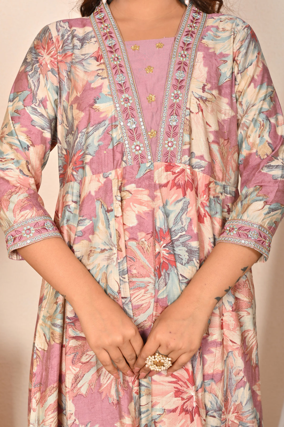 Lavender Muslin Anarkali Suit - V-Neck, 3/4th Sleeves (Sizes M to XXL)