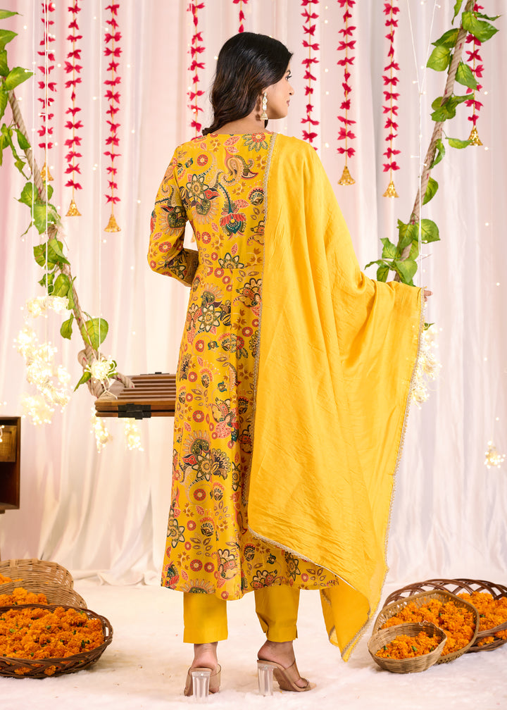 Elegant Chanderi Anarkali Suit - V-Neckline, 3/4th Sleeves, Available in Yellow & Pink