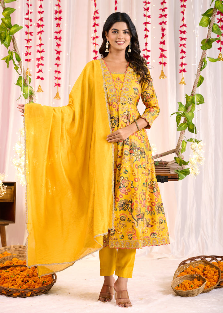 Elegant Chanderi Anarkali Suit - V-Neckline, 3/4th Sleeves, Available in Yellow & Pink