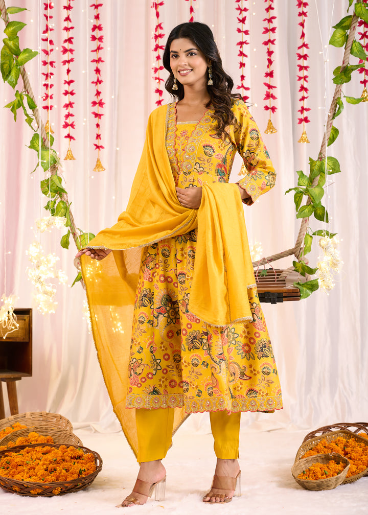 Elegant Chanderi Anarkali Suit - V-Neckline, 3/4th Sleeves, Available in Yellow & Pink