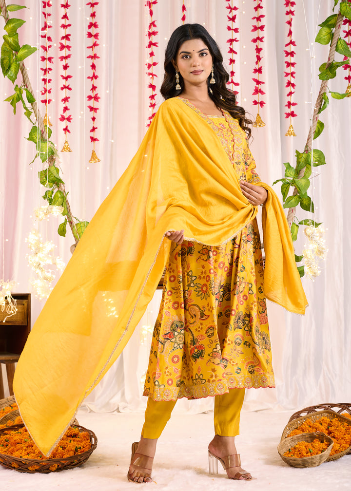 Elegant Chanderi Anarkali Suit - V-Neckline, 3/4th Sleeves, Available in Yellow & Pink