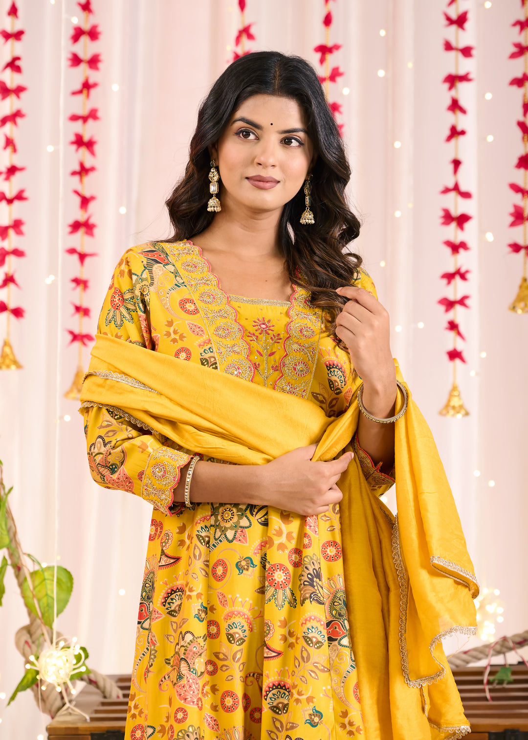 Elegant Chanderi Anarkali Suit - V-Neckline, 3/4th Sleeves, Available in Yellow & Pink