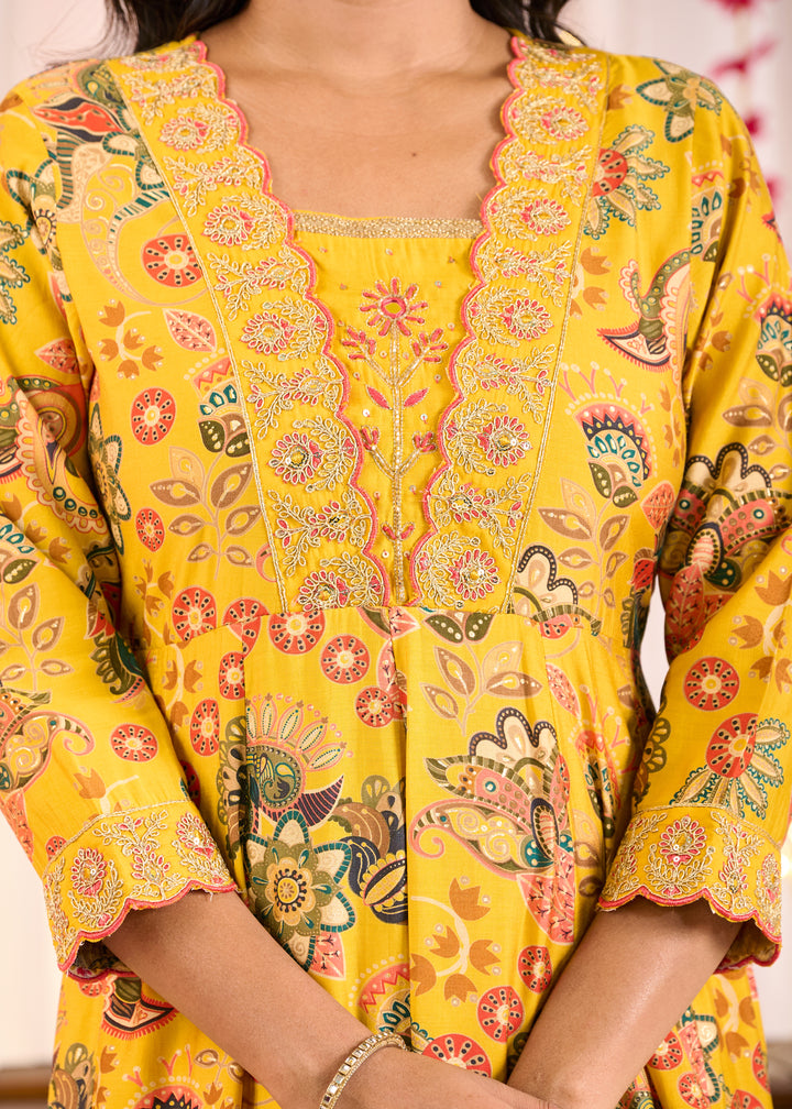 Elegant Chanderi Anarkali Suit - V-Neckline, 3/4th Sleeves, Available in Yellow & Pink