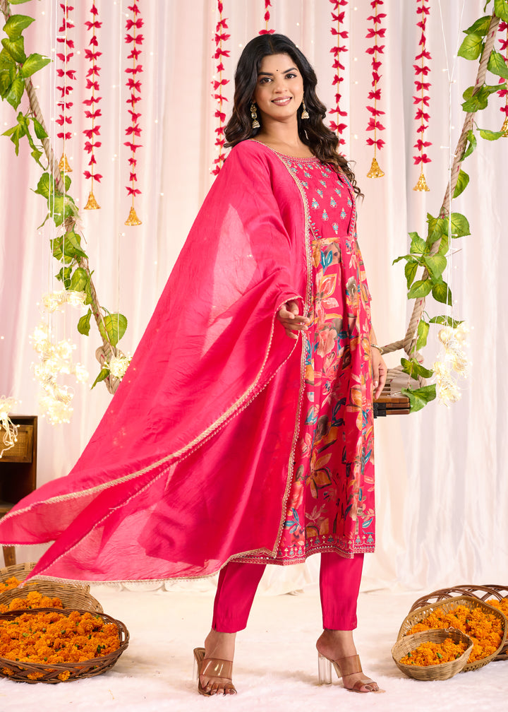 Exquisite Chanderi Anarkali Suit - Anarkali Pattern, 3/4th Sleeves, Round Neck