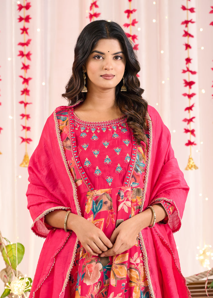 Exquisite Chanderi Anarkali Suit - Anarkali Pattern, 3/4th Sleeves, Round Neck