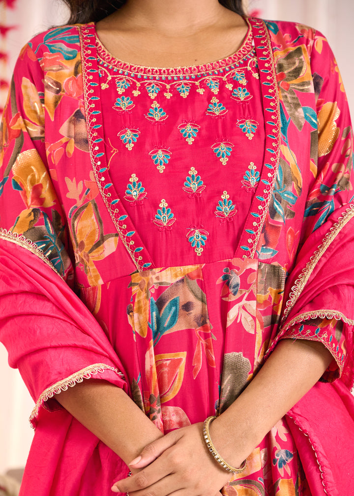 Exquisite Chanderi Anarkali Suit - Anarkali Pattern, 3/4th Sleeves, Round Neck