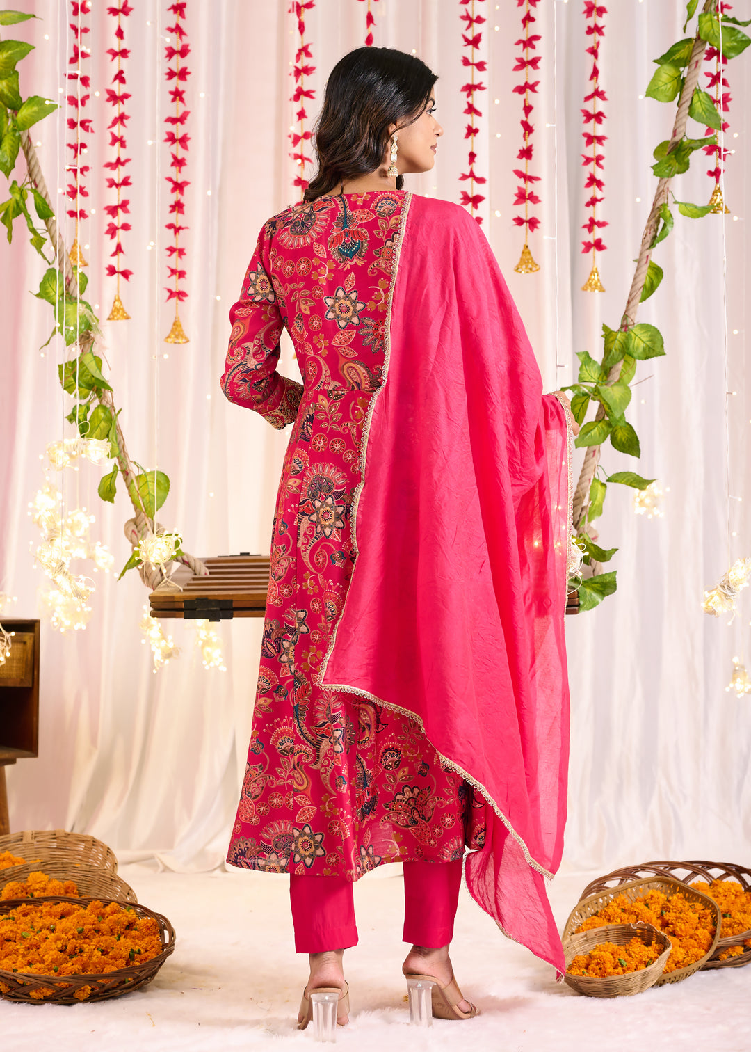 Elegant Chanderi Anarkali Suit - V-Neckline, 3/4th Sleeves, Available in Yellow & Pink