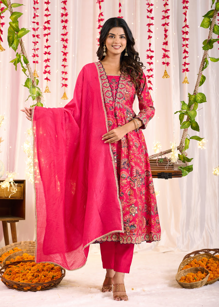 Elegant Chanderi Anarkali Suit - V-Neckline, 3/4th Sleeves, Available in Yellow & Pink