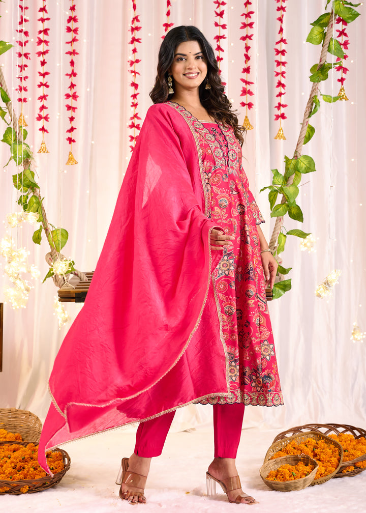Elegant Chanderi Anarkali Suit - V-Neckline, 3/4th Sleeves, Available in Yellow & Pink