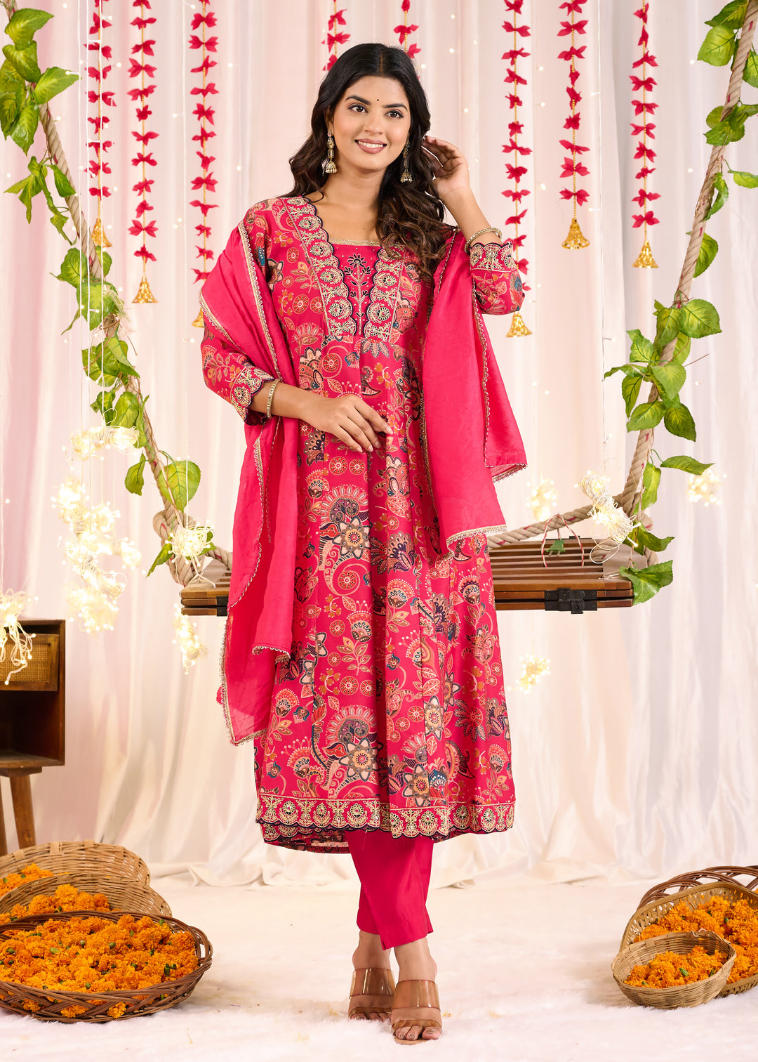 Elegant Chanderi Anarkali Suit - V-Neckline, 3/4th Sleeves, Available in Yellow & Pink