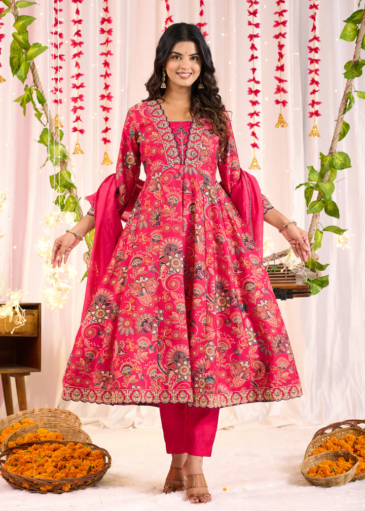 Elegant Chanderi Anarkali Suit - V-Neckline, 3/4th Sleeves, Available in Yellow & Pink