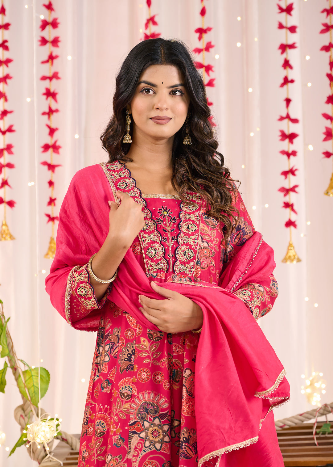 Elegant Chanderi Anarkali Suit - V-Neckline, 3/4th Sleeves, Available in Yellow & Pink