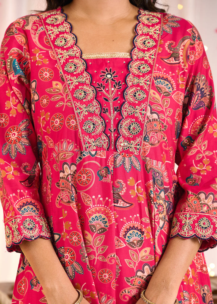 Elegant Chanderi Anarkali Suit - V-Neckline, 3/4th Sleeves, Available in Yellow & Pink