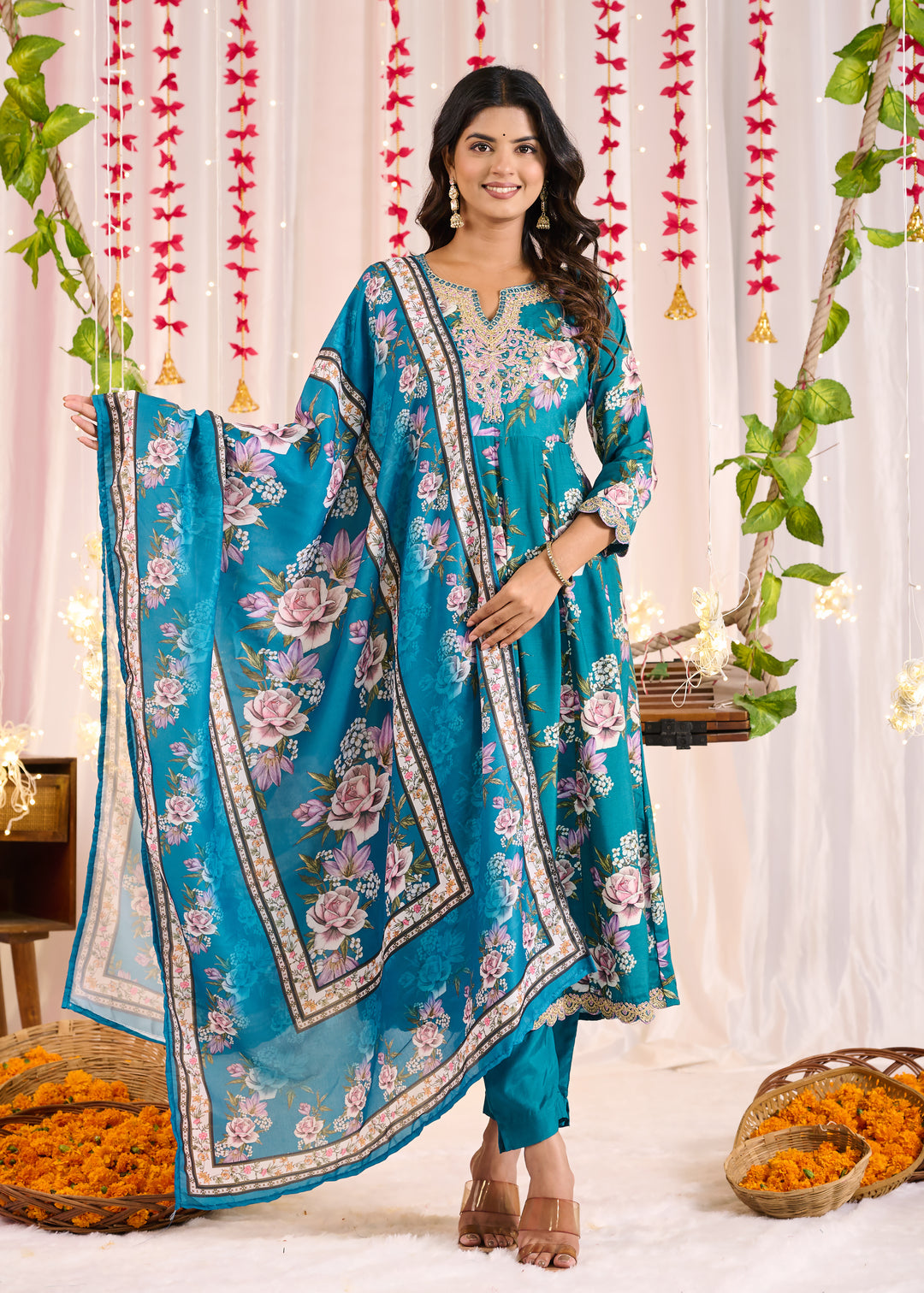 Elegant Muslin Anarkali Suit - Sweetheart Neckline, 3/4th Sleeves
