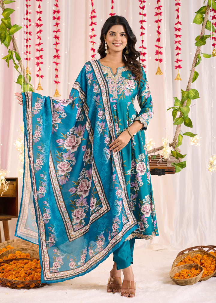 Elegant Muslin Anarkali Suit - Sweetheart Neckline, 3/4th Sleeves