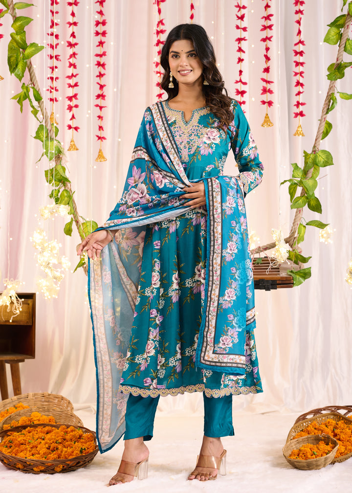 Elegant Muslin Anarkali Suit - Sweetheart Neckline, 3/4th Sleeves