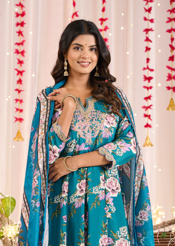 Elegant Muslin Anarkali Suit - Sweetheart Neckline, 3/4th Sleeves