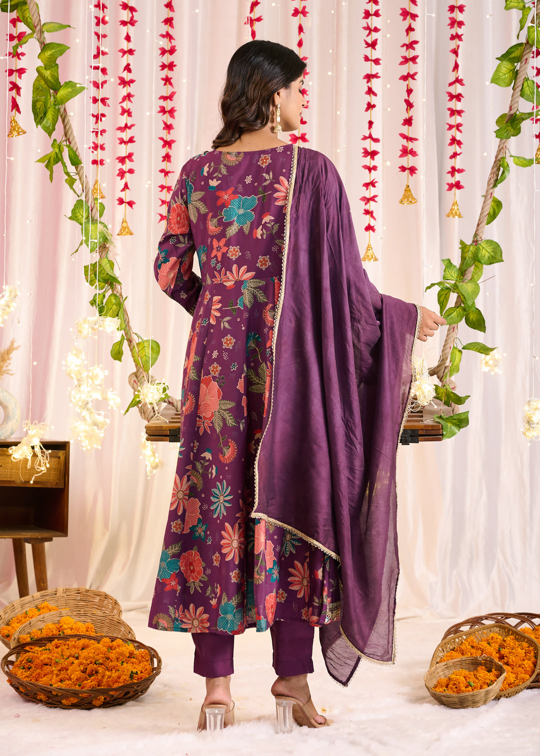 Luxurious Chanderi Anarkali Suit - Flattering V-Neck, 3/4th Sleeves