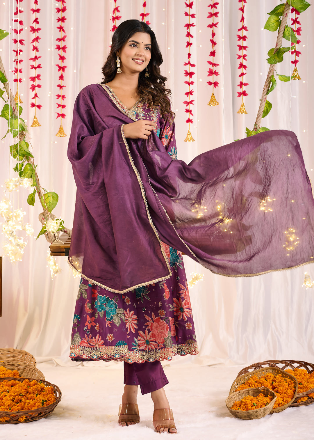 Luxurious Chanderi Anarkali Suit - Flattering V-Neck, 3/4th Sleeves