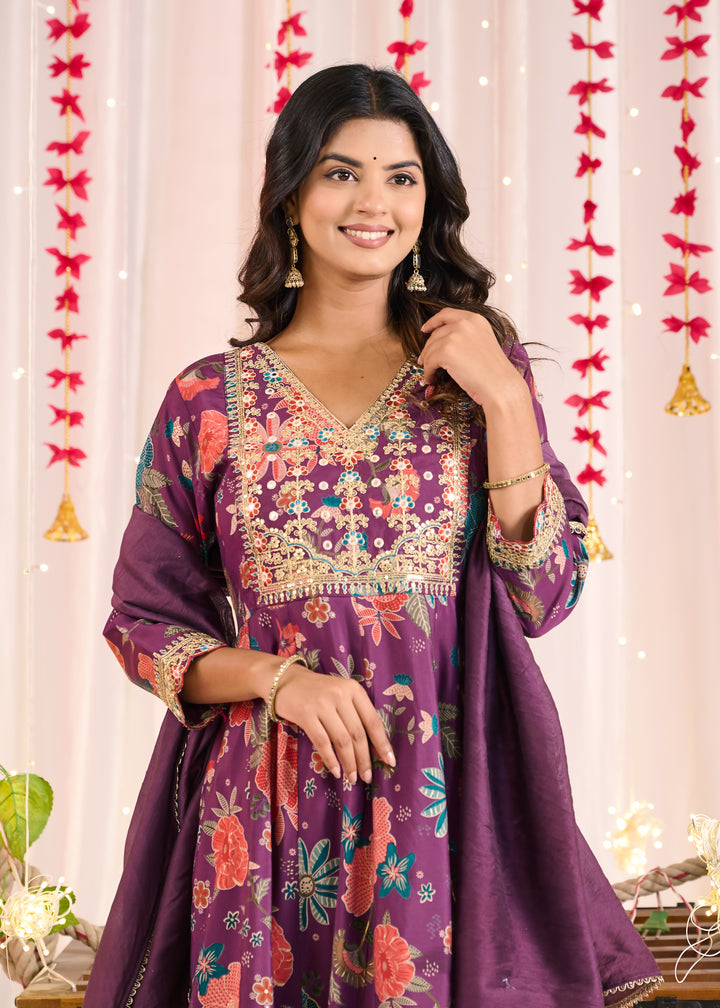 Luxurious Chanderi Anarkali Suit - Flattering V-Neck, 3/4th Sleeves