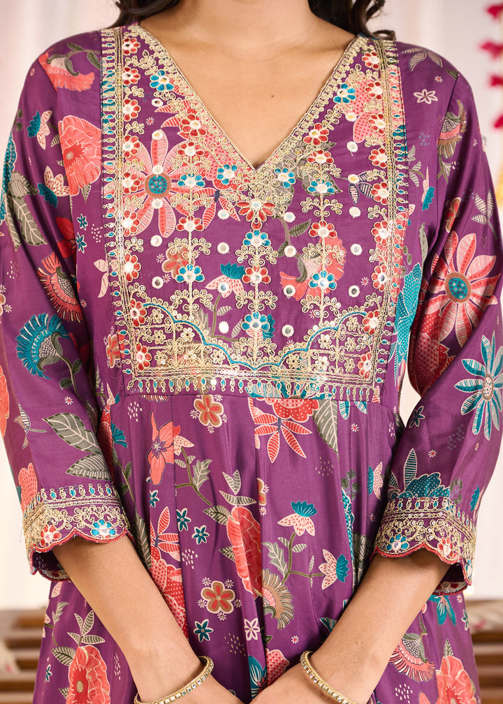 Luxurious Chanderi Anarkali Suit - Flattering V-Neck, 3/4th Sleeves