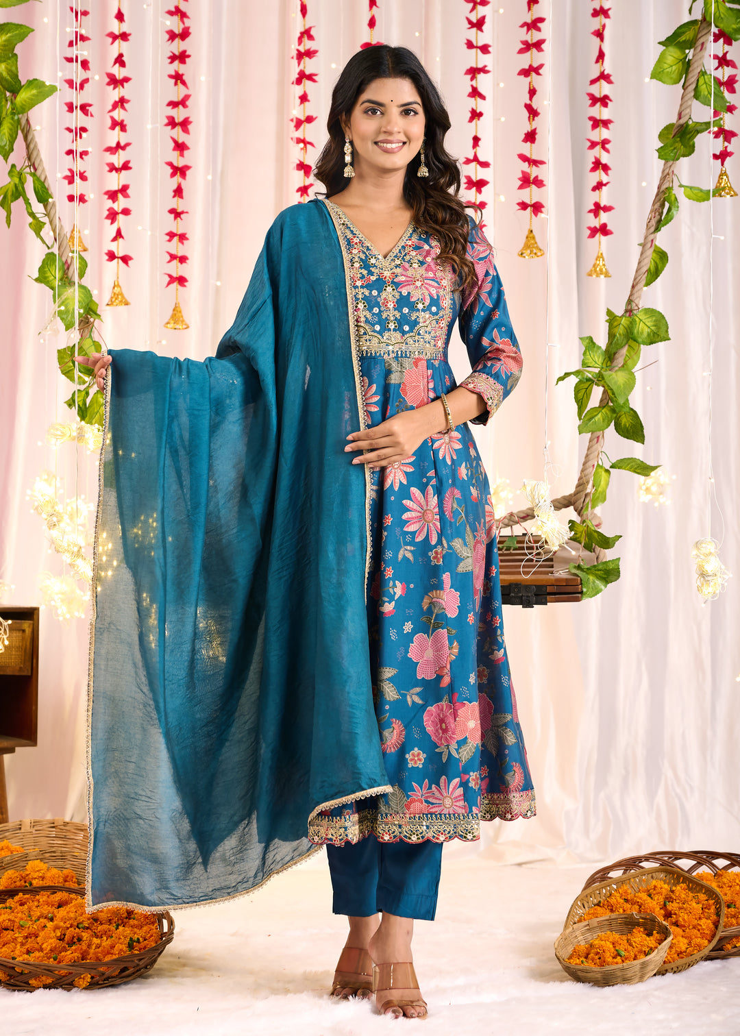Luxurious Chanderi Anarkali Suit - Flattering V-Neck, 3/4th Sleeves