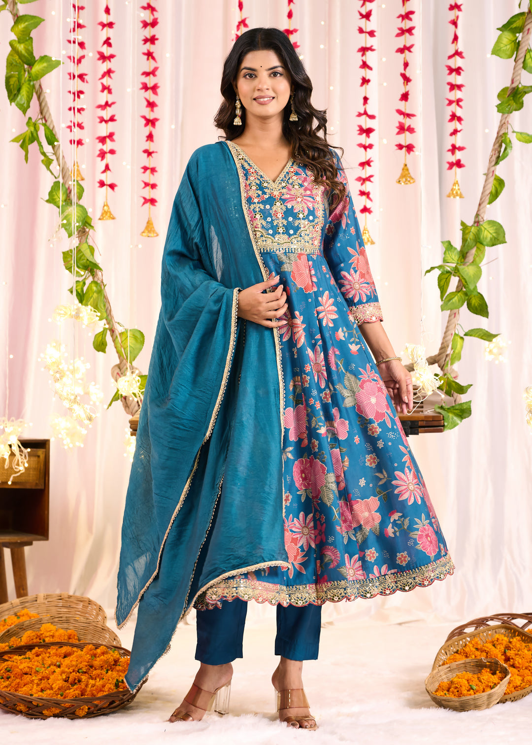 Luxurious Chanderi Anarkali Suit - Flattering V-Neck, 3/4th Sleeves