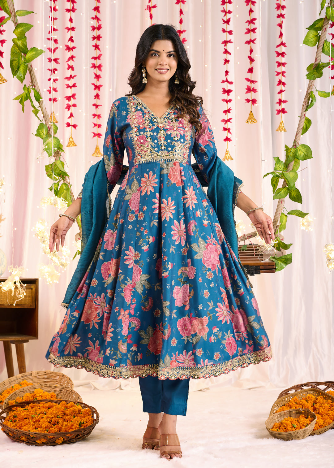 Luxurious Chanderi Anarkali Suit - Flattering V-Neck, 3/4th Sleeves