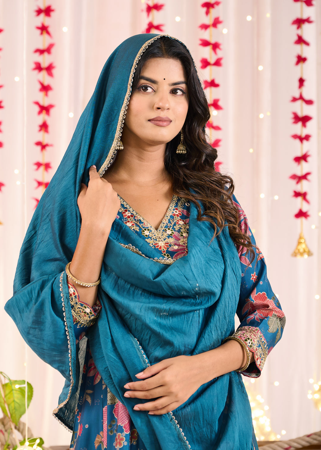 Luxurious Chanderi Anarkali Suit - Flattering V-Neck, 3/4th Sleeves