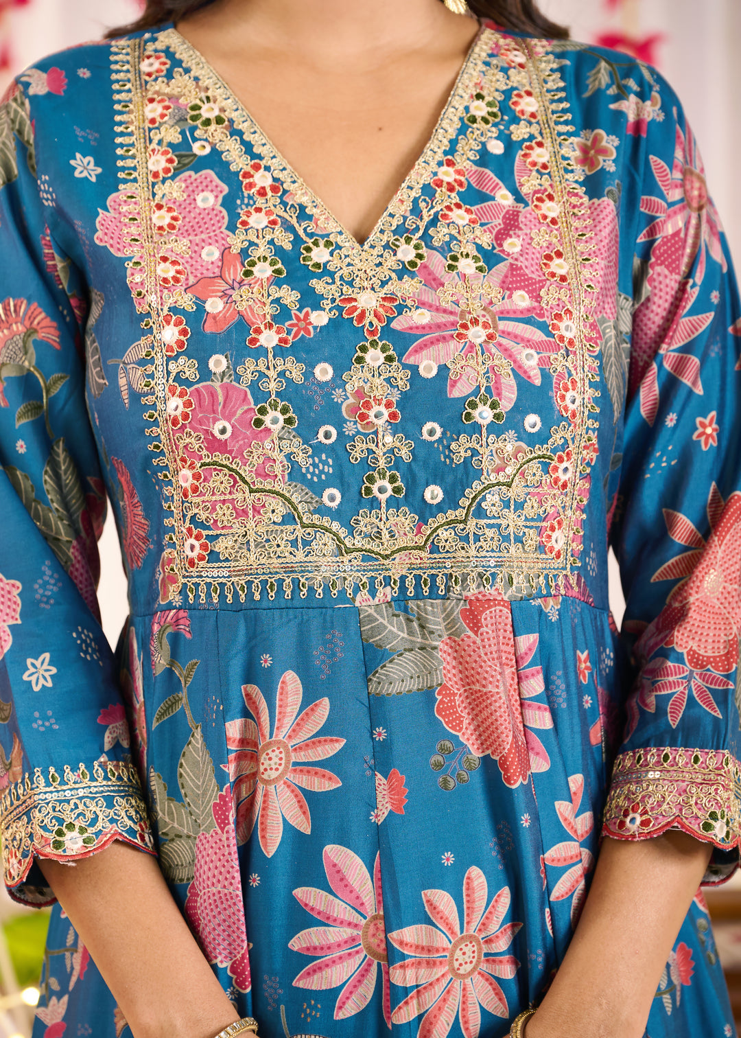 Luxurious Chanderi Anarkali Suit - Flattering V-Neck, 3/4th Sleeves