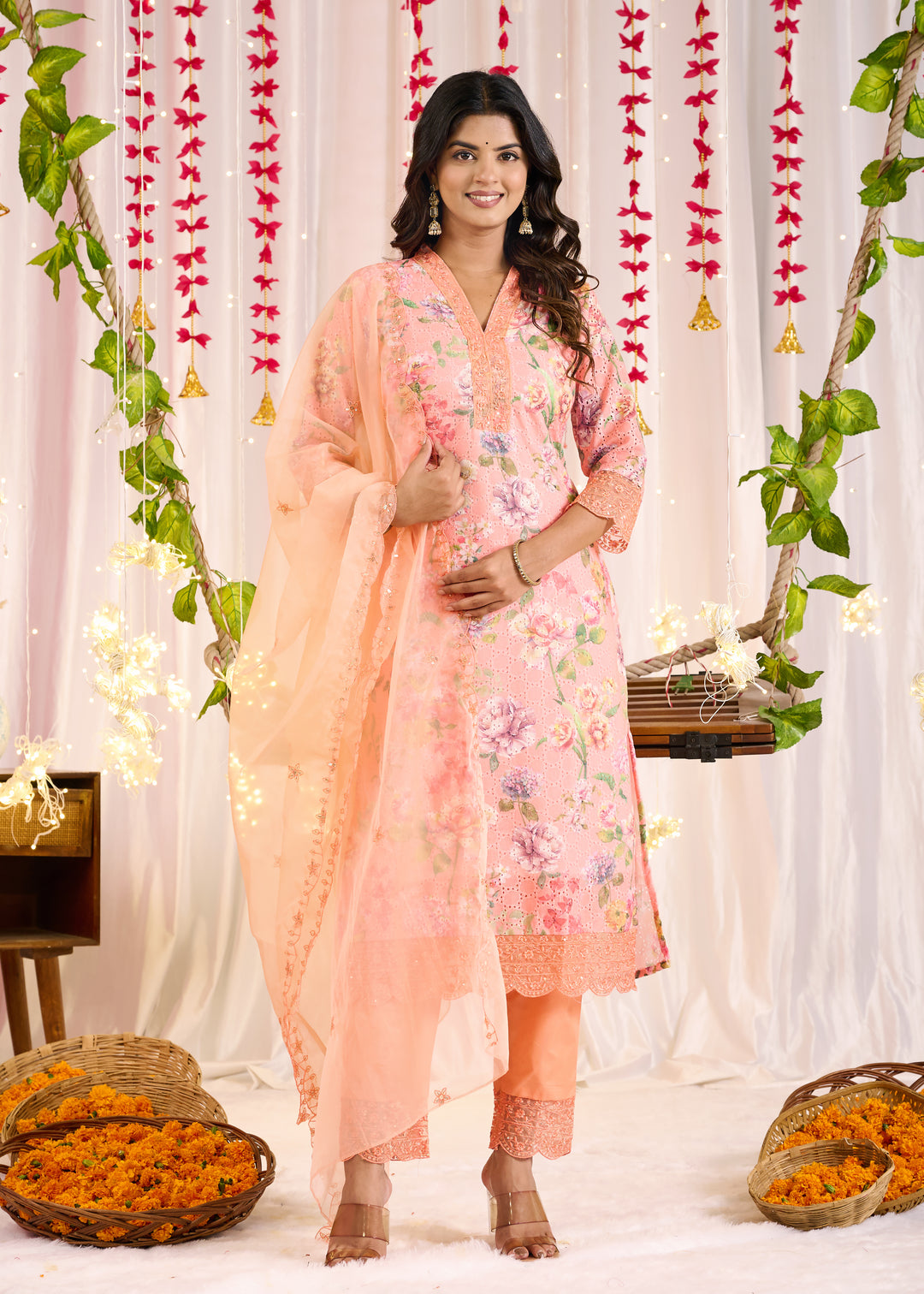 Elegant Cotton Sifli Kurta Set - Straight Cut, 3/4th Sleeves, V-Neck Design