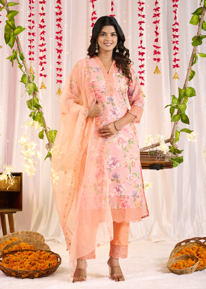 Elegant Cotton Sifli Kurta Set - Straight Cut, 3/4th Sleeves, V-Neck Design