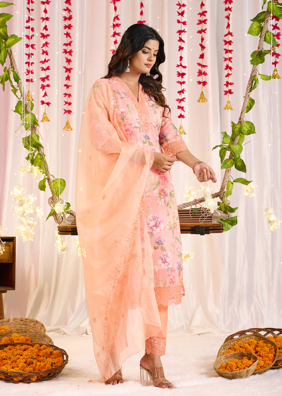 Elegant Cotton Sifli Kurta Set - Straight Cut, 3/4th Sleeves, V-Neck Design