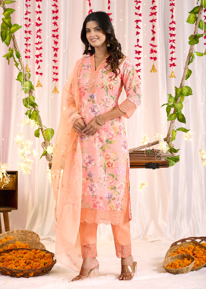 Elegant Cotton Sifli Kurta Set - Straight Cut, 3/4th Sleeves, V-Neck Design
