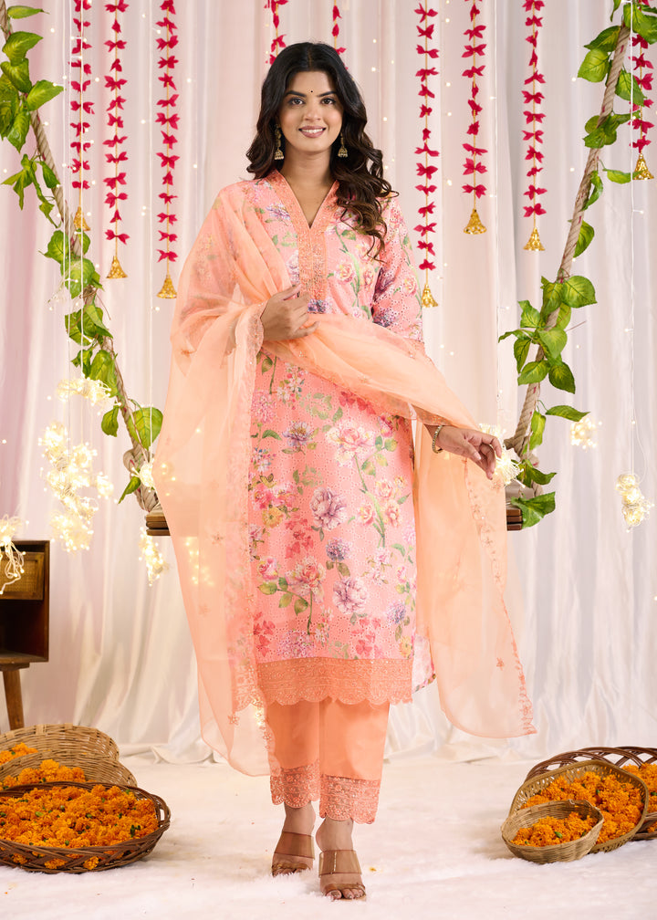 Elegant Cotton Sifli Kurta Set - Straight Cut, 3/4th Sleeves, V-Neck Design