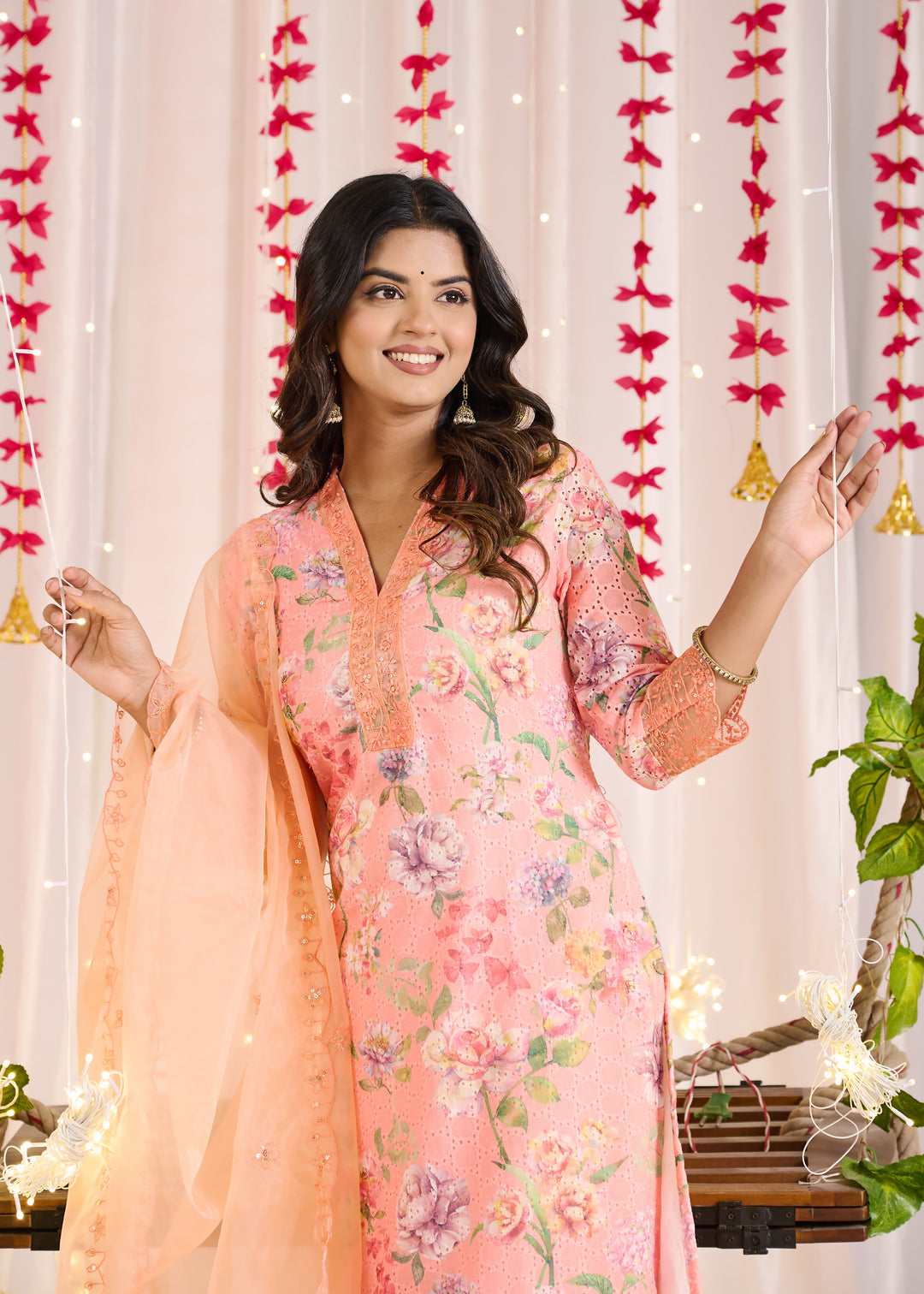 Elegant Cotton Sifli Kurta Set - Straight Cut, 3/4th Sleeves, V-Neck Design