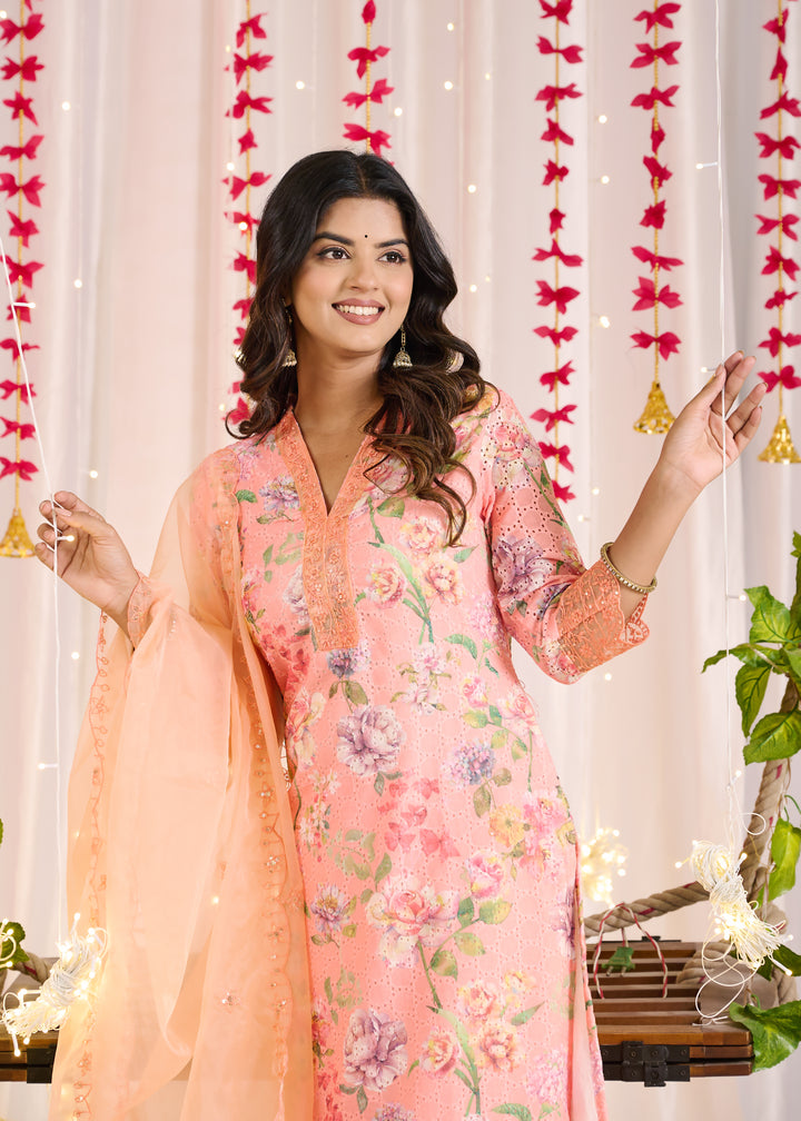 Elegant Cotton Sifli Kurta Set - Straight Cut, 3/4th Sleeves, V-Neck Design