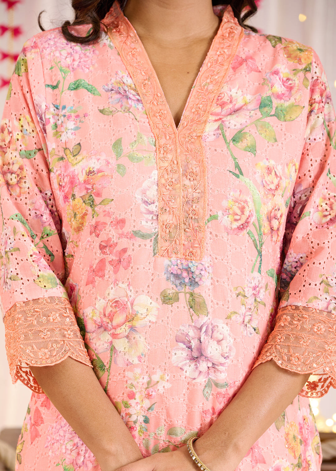 Elegant Cotton Sifli Kurta Set - Straight Cut, 3/4th Sleeves, V-Neck Design