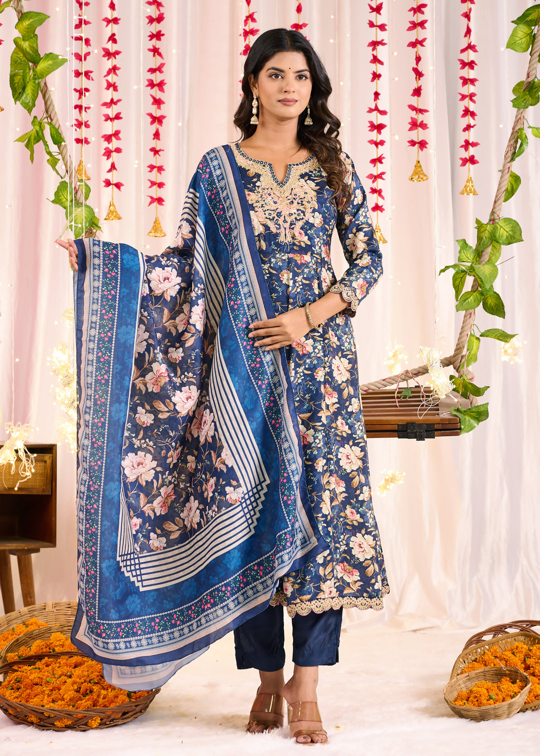 Elegant Muslin Anarkali Suit - Sweetheart Neckline, 3/4th Sleeves