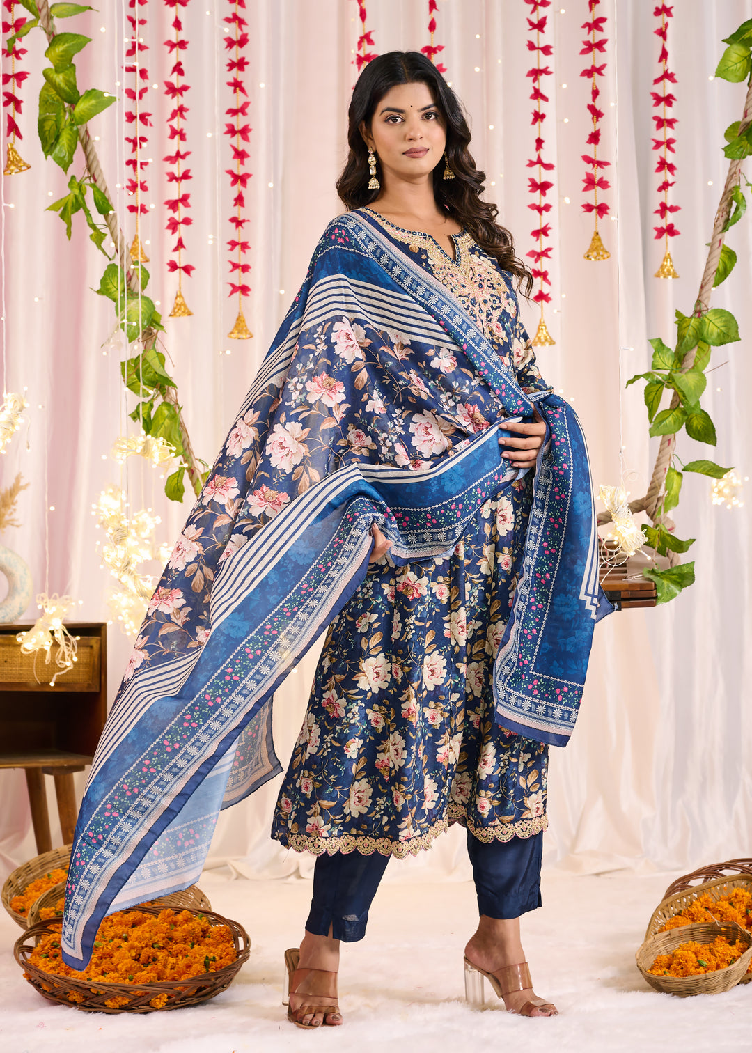 Elegant Muslin Anarkali Suit - Sweetheart Neckline, 3/4th Sleeves