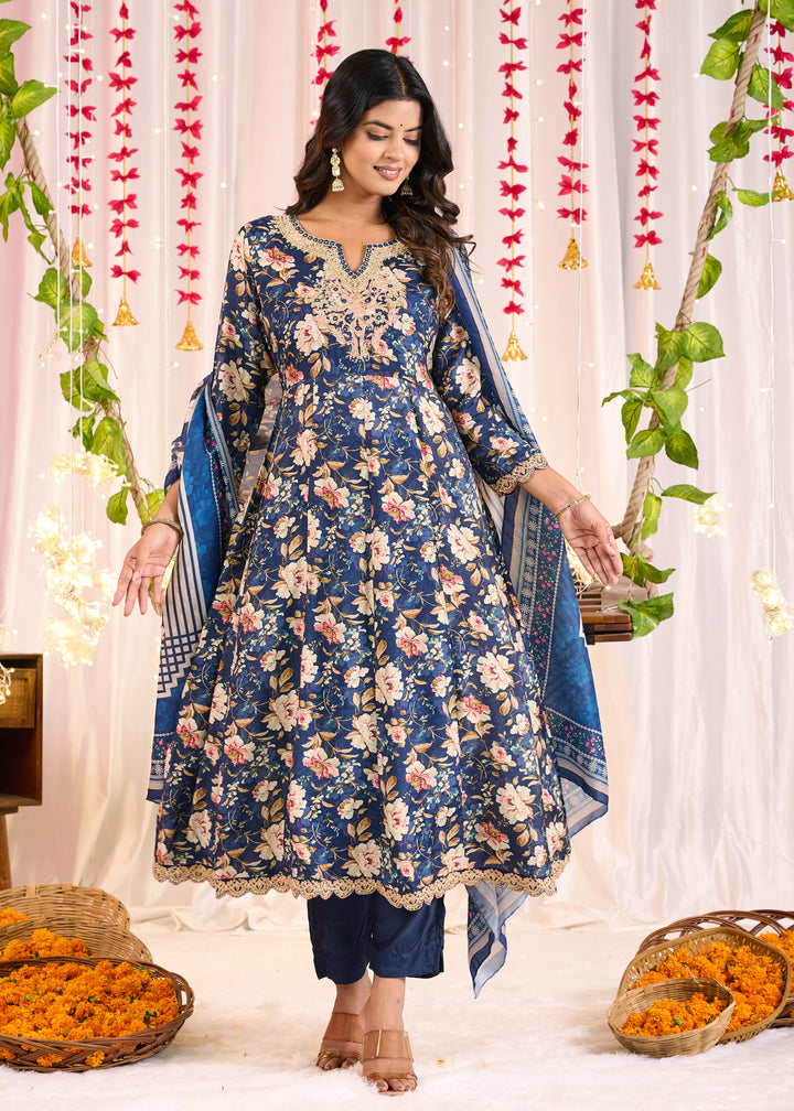 Elegant Muslin Anarkali Suit - Sweetheart Neckline, 3/4th Sleeves